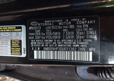 2013 Hyundai Santa Fe Limited from USA, damaged, VIN KM8SR4HF5DU011262